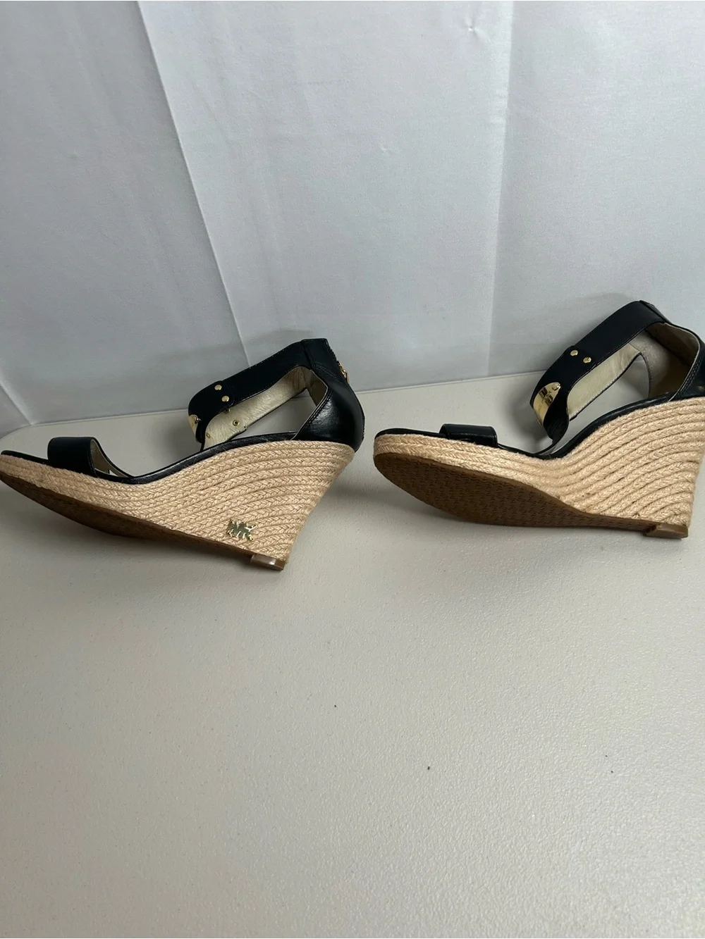 Michael Kors Black Leather Wedge Sandals with Gold Accent In 9M